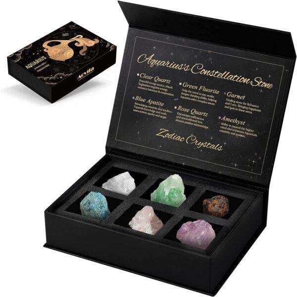 Aquarius Crystals Gift Set, Zodiac Signs Healing Crystals Birthstones with Horoscope Box Set