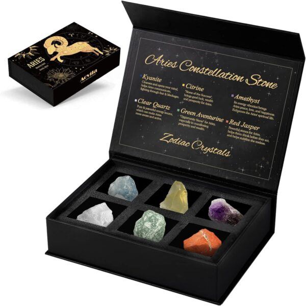 Aries Crystals Gift Set, Zodiac Signs Healing Crystals Birthstones with Horoscope Box Set