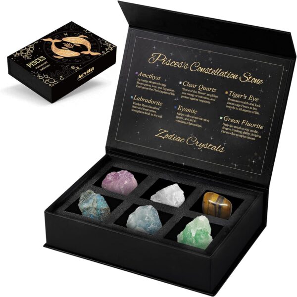 Pisces Crystals Gift Set, Zodiac Signs Healing Crystals Birthstones with Horoscope Box Set