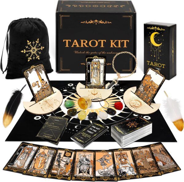 Tarot Cards with Guide Book, 78 Black Tarot Deck Set with Table Cloth, Chakra Stones, Velvet Bag and More